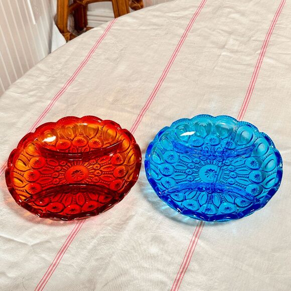 Vintage L.E. Smtih Glass Moon and Star Colonial Blue 8-1/2" Round 3 Part Relish - Picture 3 of 6